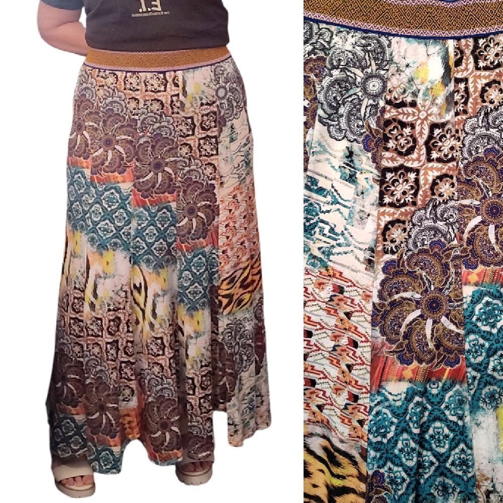V Christina Colorful Boho Mixed Pattern Pull On Maxi‎ Skirt Large Patchwork